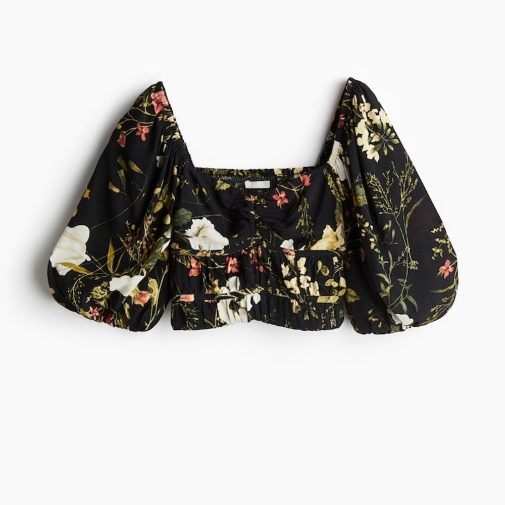 Floral Puff-Sleeve Crop Top in Black